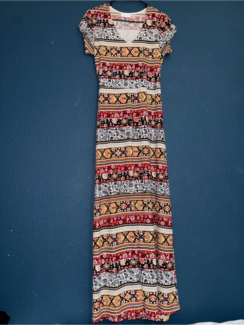 Olsenboye Striped Floral Maxi Dress in Red, Black, Tan & White
